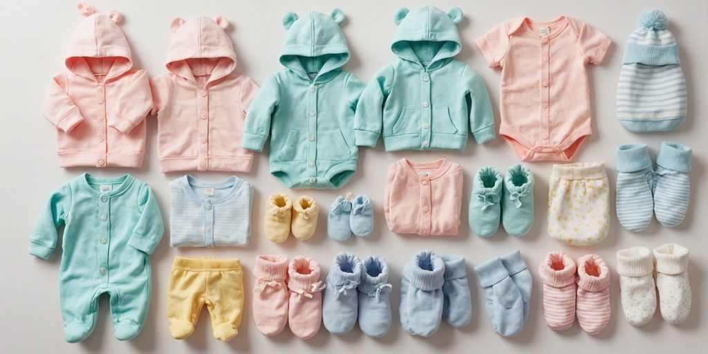 Baby clothes in pastel colors neatly arranged.