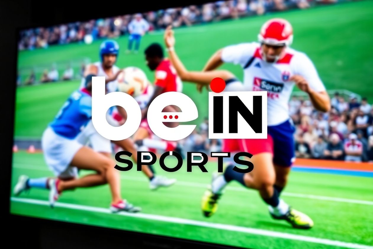 شعار beIN SPORTS مع شاشة تلفزيون تعرض كرة قدم.