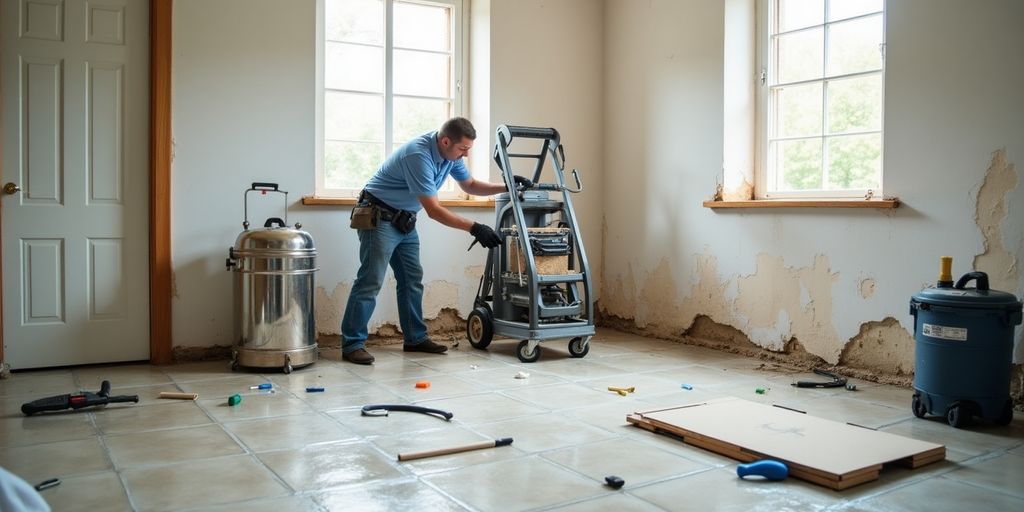 Technician inspecting water damage in a home.