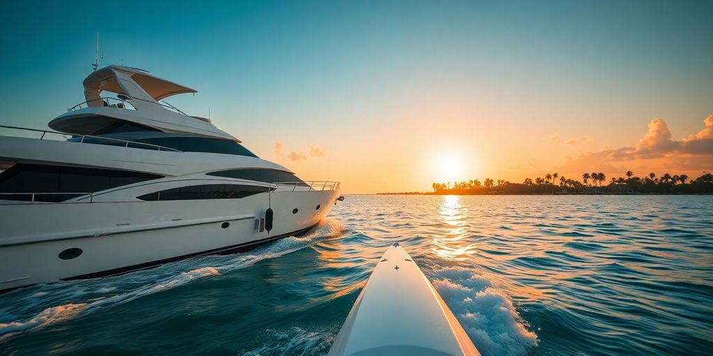 Luxury yacht cruising Miami waters at sunset.