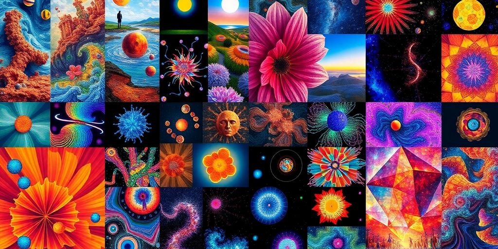 Collage of AI-generated artworks by DALL-E and MidJourney.