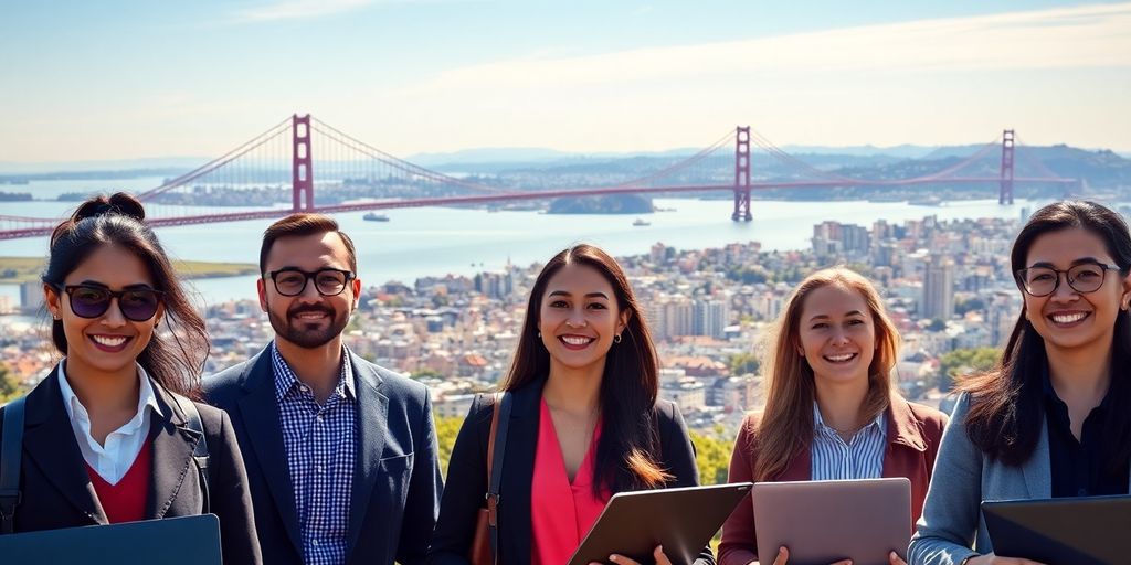 San Francisco skyline with job seekers.