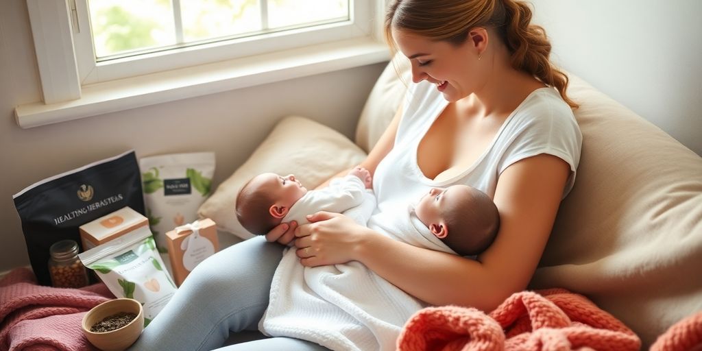New mom with baby and nourishing gifts around them.