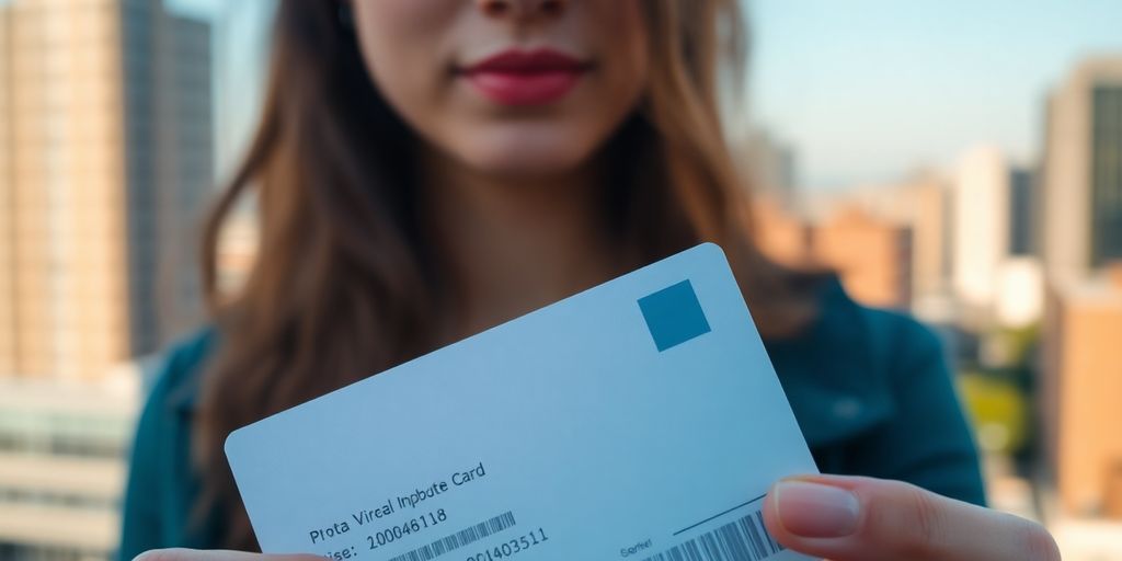 Person holding digital identity card against a city backdrop.