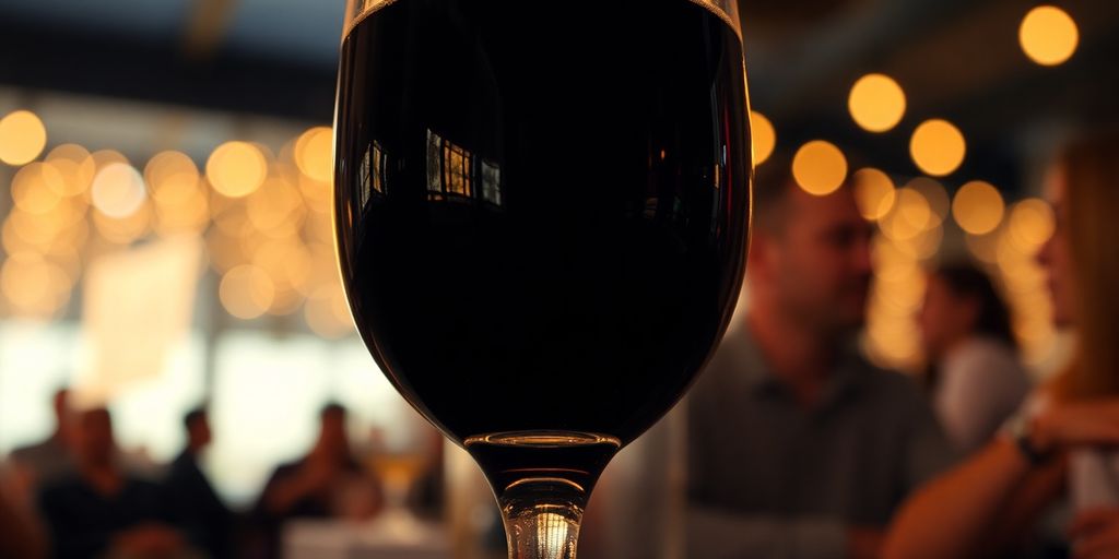A glass of dark beverage in a social setting.