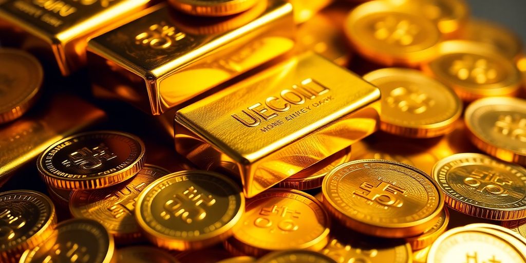 Lingots d'or brillants et pièces d'or formant un tas.