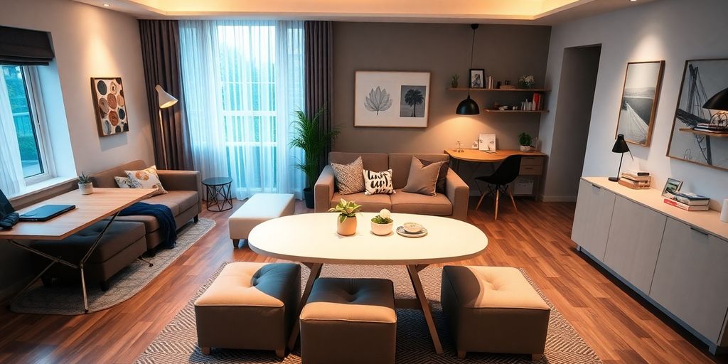 Cozy living room with multi-functional furniture and warm lighting.