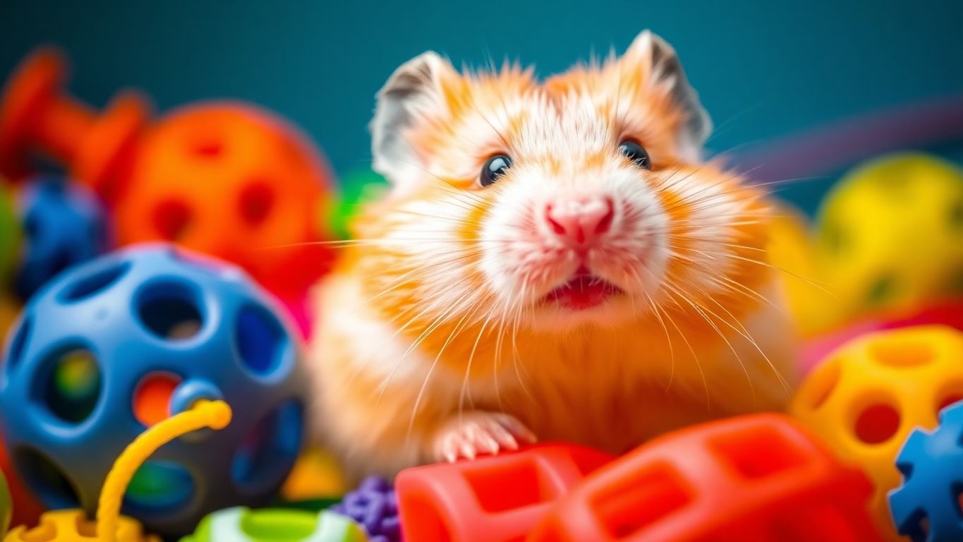 Hamster com brinquedos coloridos ao redor.