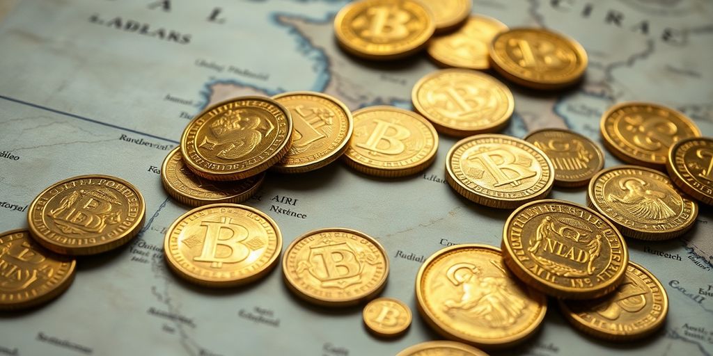 Pièces d'or anciennes sur fond de carte historique