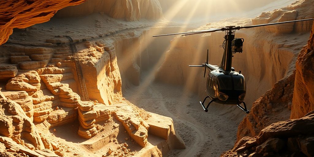 Extraction minière d'or futuriste avec technologie avancée.