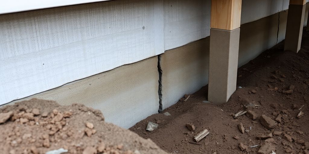 Cracked foundation beneath a house exterior.