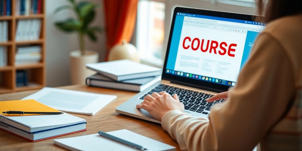Person learning online with a laptop and study materials.