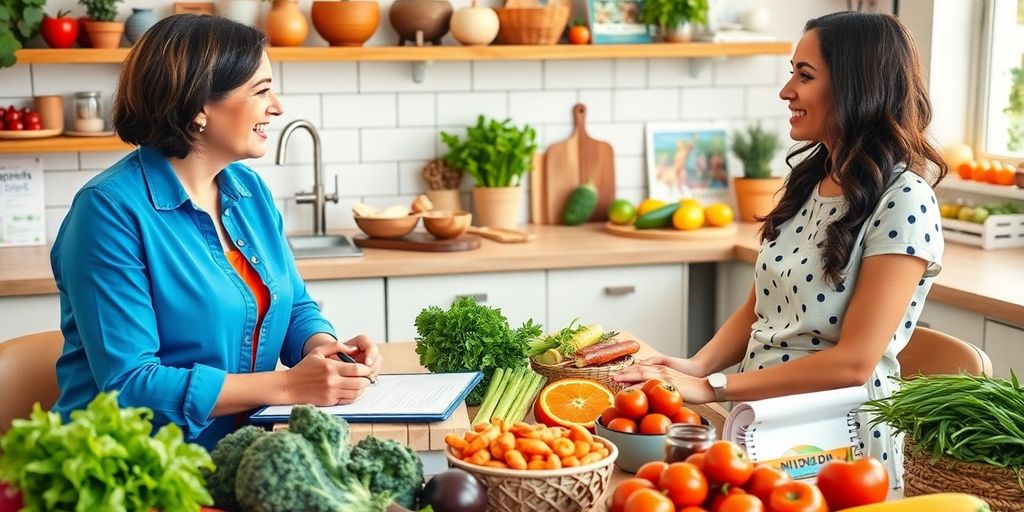 Nutritionist consulting with client over healthy meal plans.