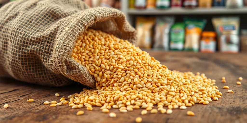 Golden sesame seeds spilling from burlap sack