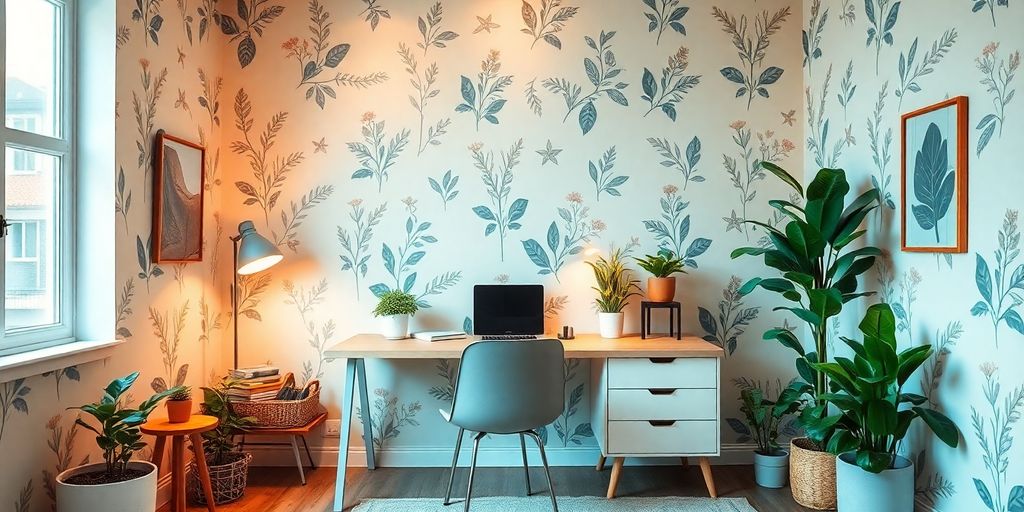Inspiring study space with aesthetic wallpaper and cozy decor.