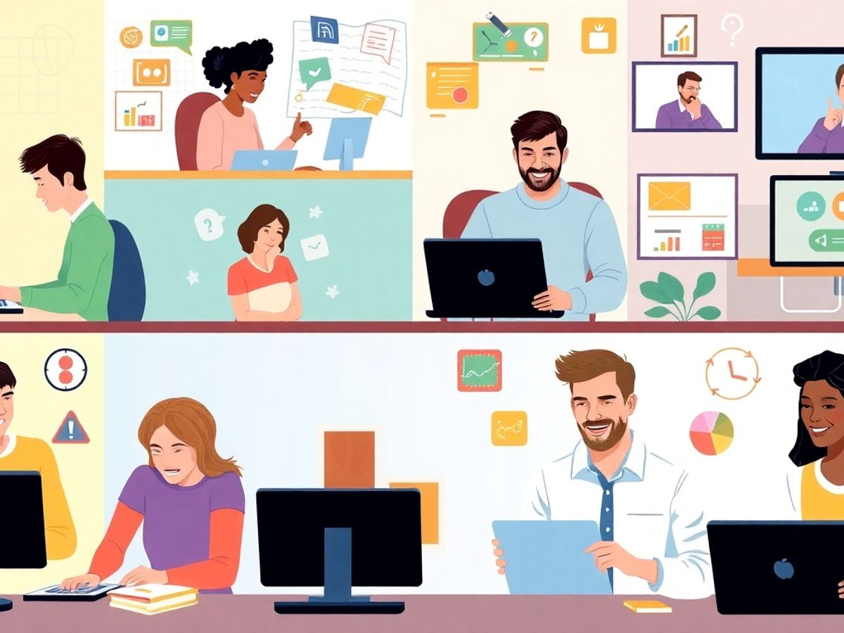 Adulți jucând jocuri educative online pe device-uri.