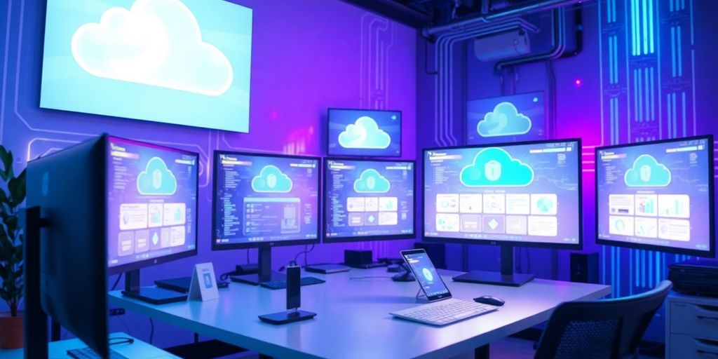 Futuristic workspace with cloud security technology and screens.