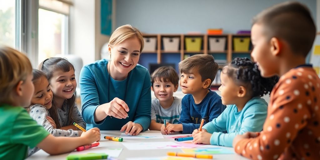 Teacher with diverse students, after-school program.
