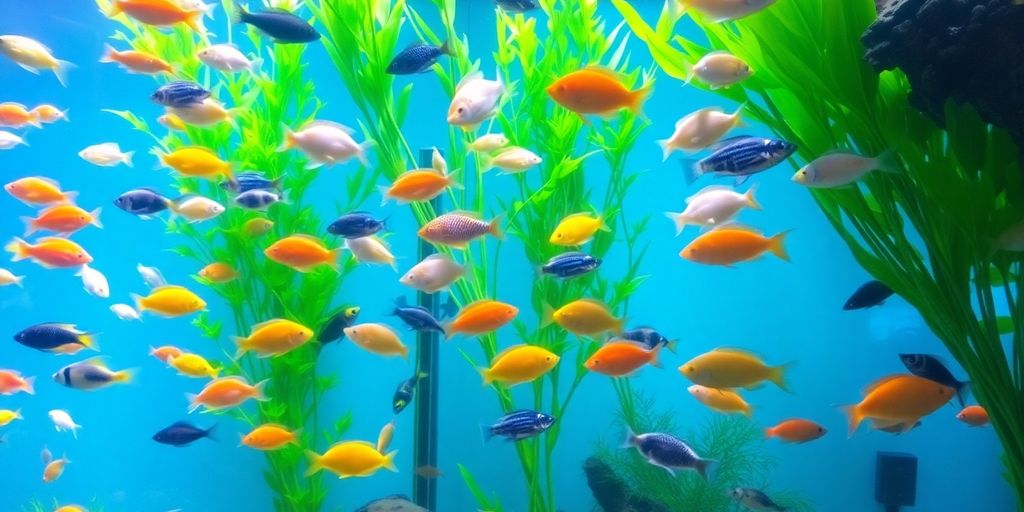 Colorful fresh water fish swimming in a lush aquarium.
