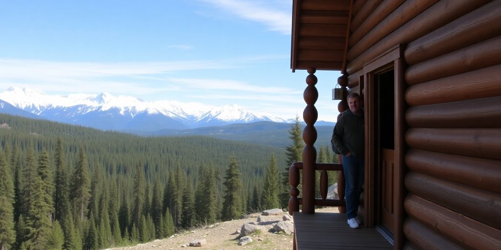 Person on cabin porch overlooking snowy Alaskan mountains.