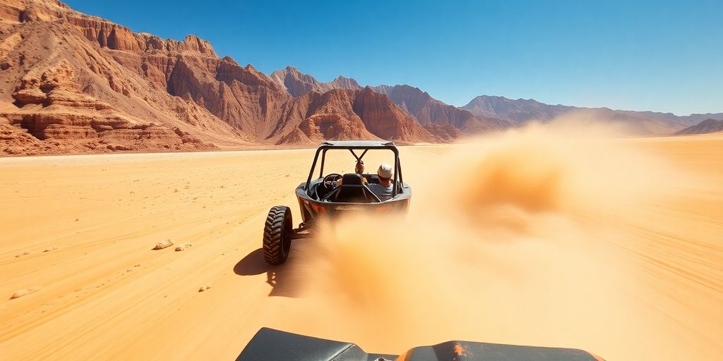Exciting buggy ride in the Agafay Desert landscape.