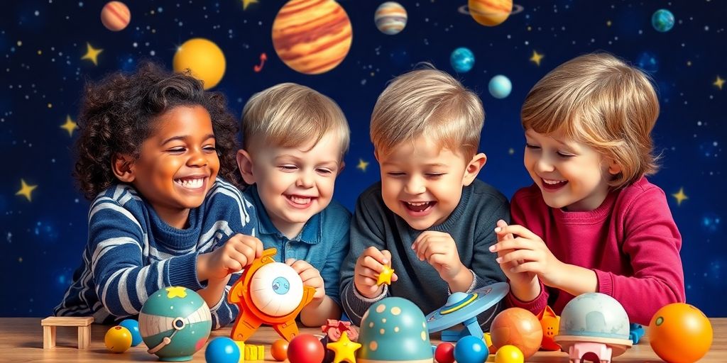 Children exploring space-themed toys with joyful expressions.
