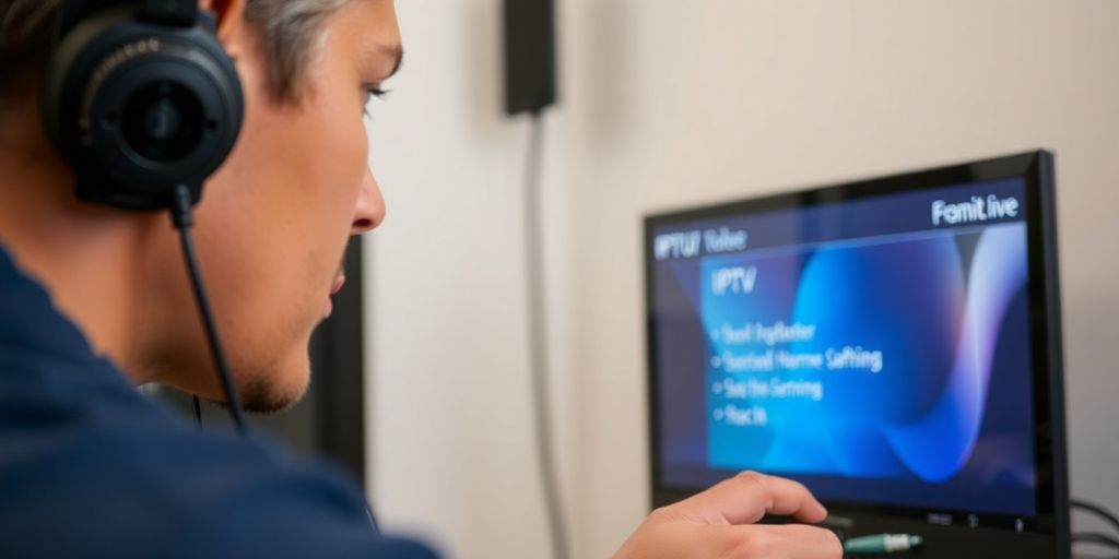 Person fixing IPTV device with screen and cables visible.