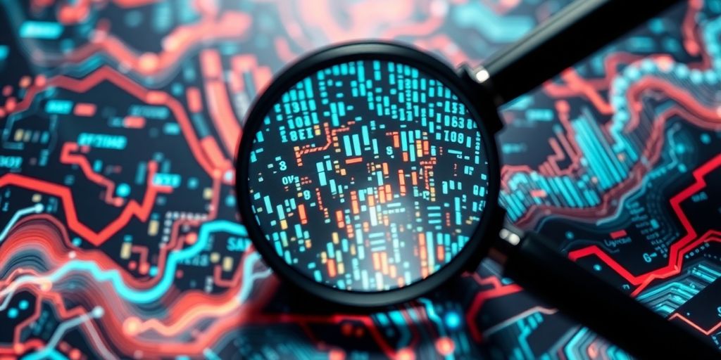 Magnifying glass over digital data.