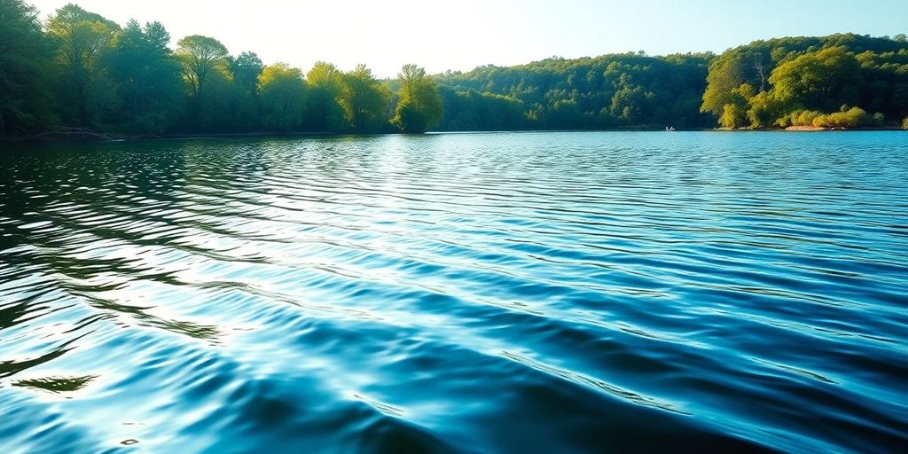 Tranquil lake with gentle waves and lush greenery.