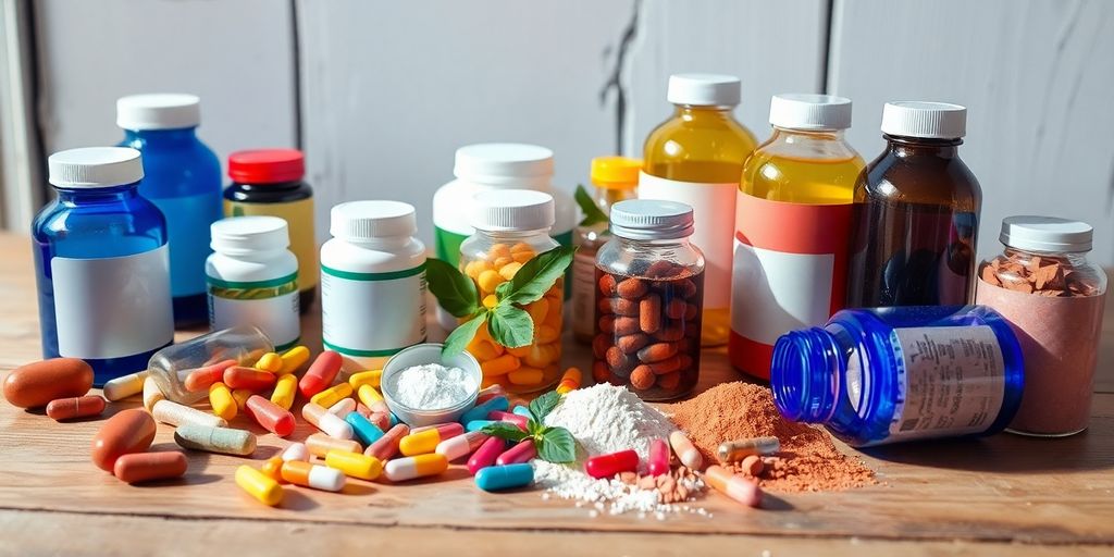 Colorful vitamins and supplements on a wooden table.