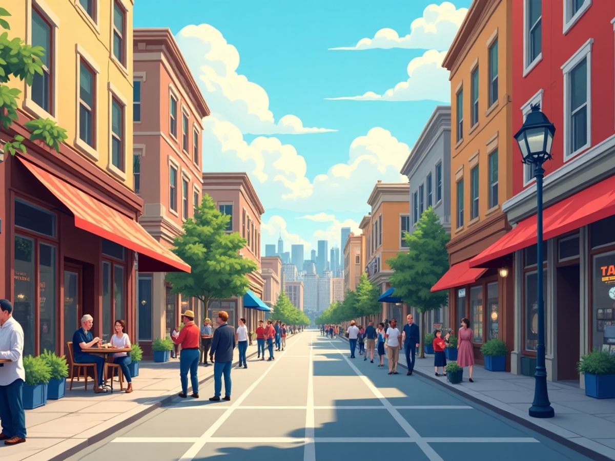 Cityscape with local businesses and engaged community members.