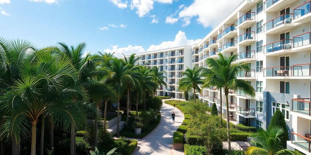 Vibrant Aventura, Florida apartments with lush greenery and sunshine.
