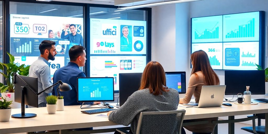 Profissionais de marketing digital em ambiente moderno.