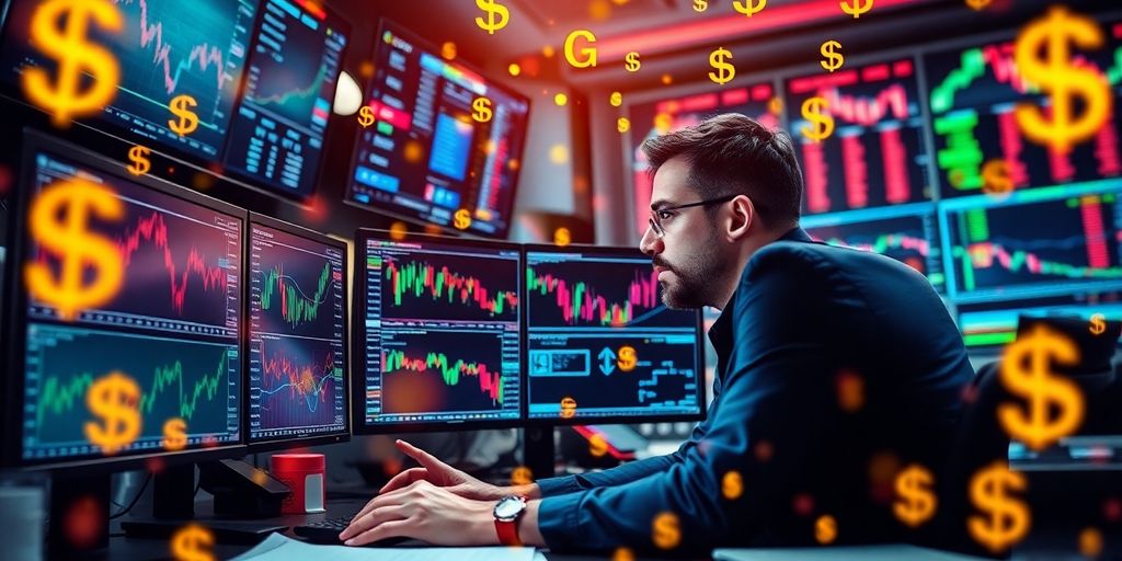 Traders analyzing Forex market data in a busy office.