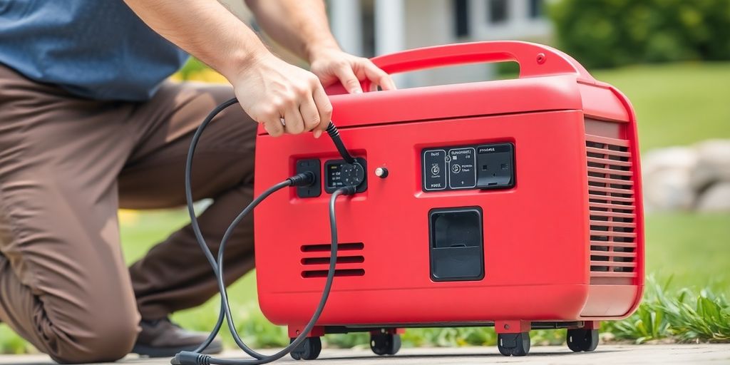 Man connecting cords to a portable generator.
