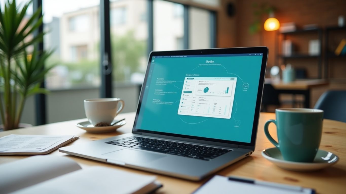A laptop on a desk with notes and coffee.