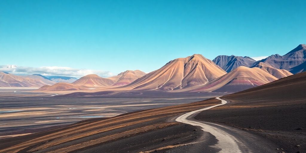 Dramatic Icelandic landscape with colorful mountains and a winding trail.