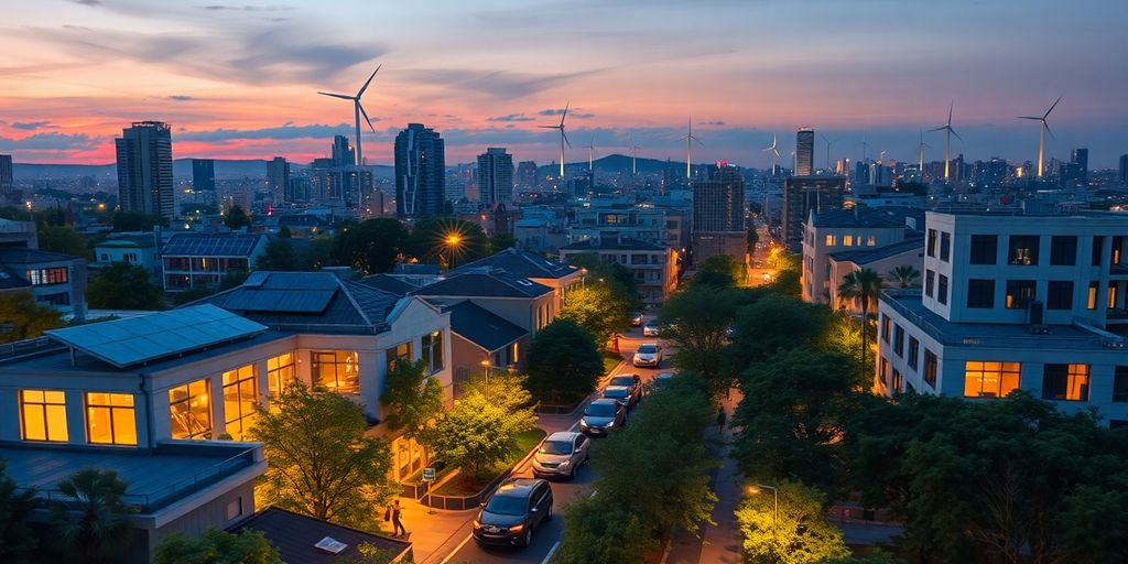 Cityscape with energy-efficient buildings and renewable energy sources.