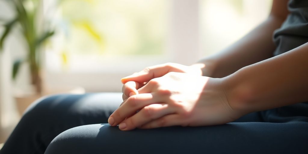 Woman meditating, serene, sunlit, gentle light.