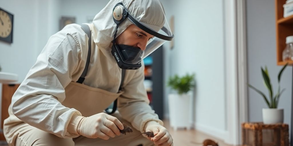 Tehnician deratizare in actiune intr-o zona rezidentiala.