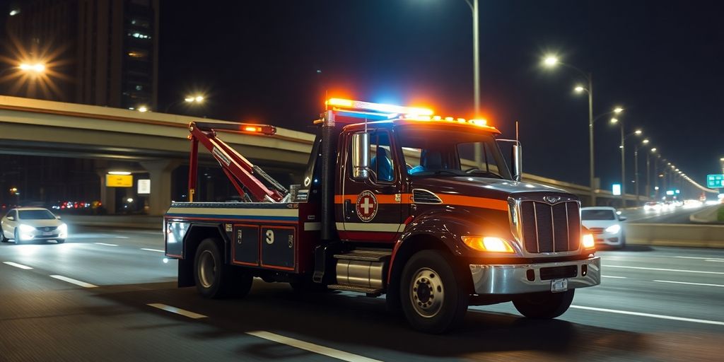 Tow truck assisting a stranded vehicle on the highway.