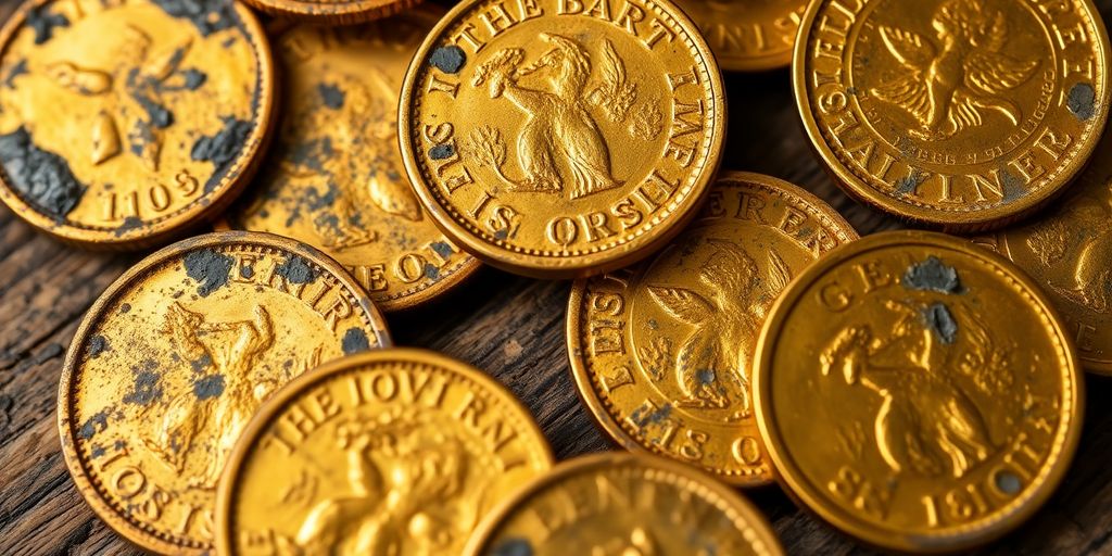 Pièces d'or ternies sur une surface en bois.