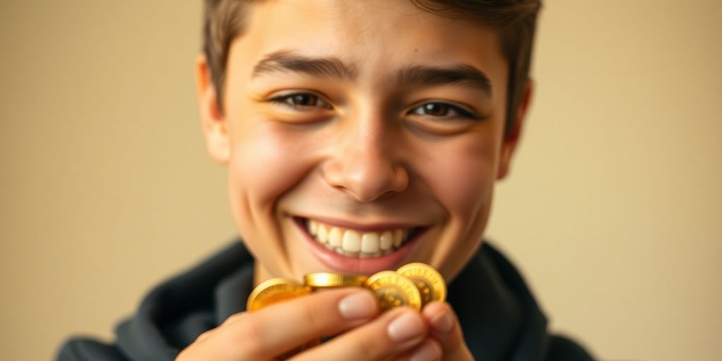 Jeune adulte souriant devant des pièces d'or