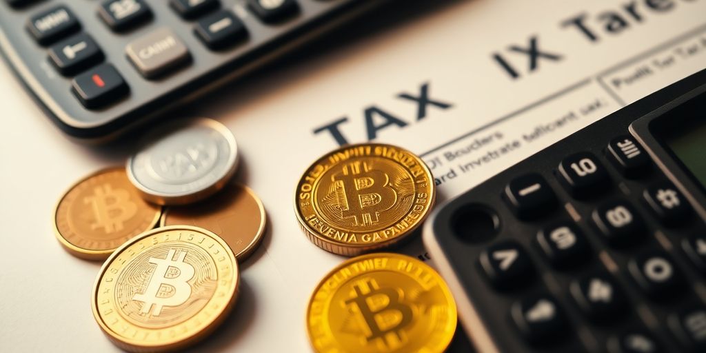 Calculator and coins on a desk for crypto tax management.