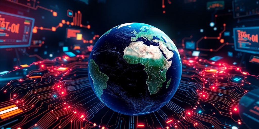 Globe with tech elements in a geopolitical context.