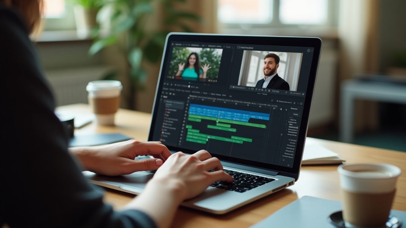 Person editing videos on a laptop in a bright workspace.