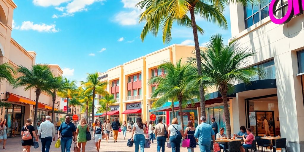 Vibrant shopping scene in Aventura, Florida with palm trees.