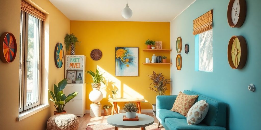 Colorful small room with creative wall paintings.