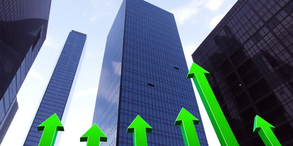 Corporate buildings, green arrows, upward trajectory