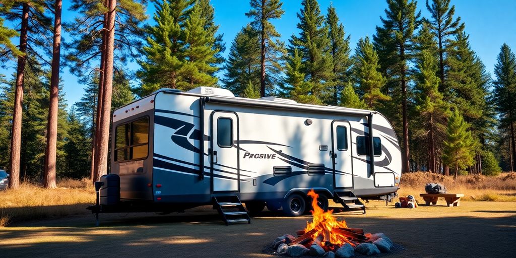 Vacation trailer in nature with trees and blue sky.